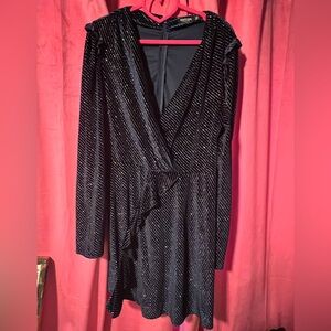 Nasty Gal Navy Rhinestone Velvet Long Sleeve Dress